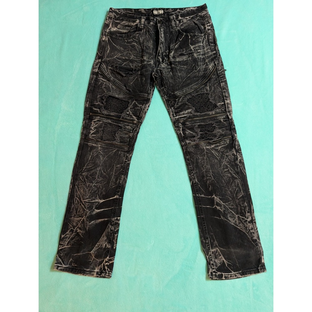 Gray Earth Biker Moto Distressed Acid Wash Jeans Black 34 Y2K Rocker Streetwear